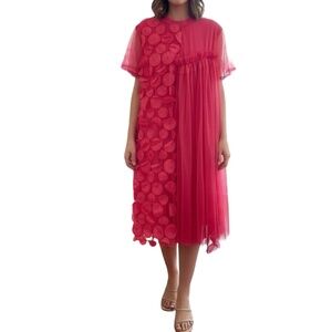 Statement Hot Pink Midi Dress with Circular Appliqué and Tulle
